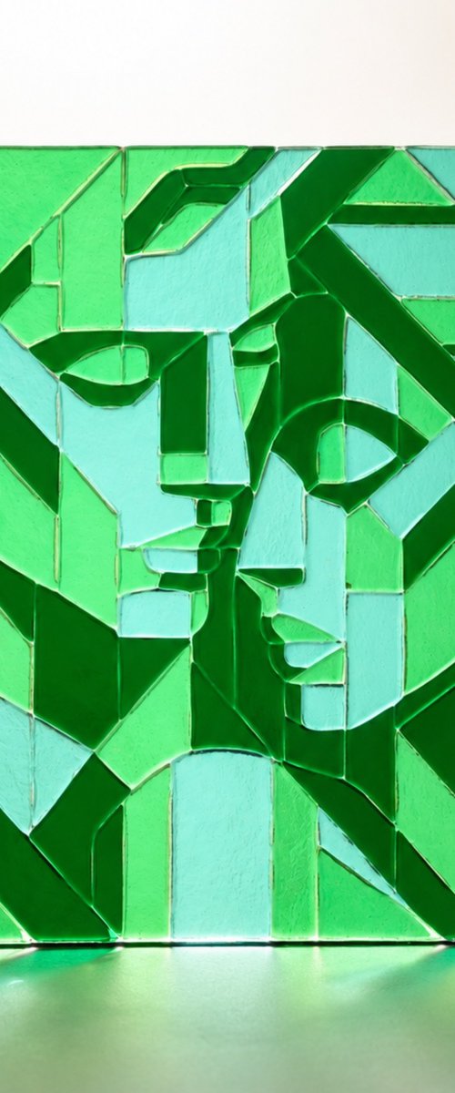 Green Lovers, Fused Glass Portrait by Oksana Saladino