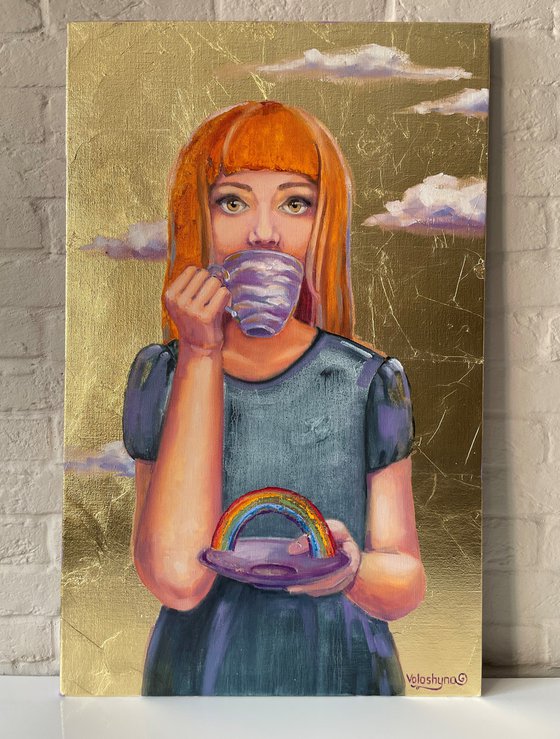 "Rainbow on a saucer". Portrait. Girl. The girl is drinking. Female