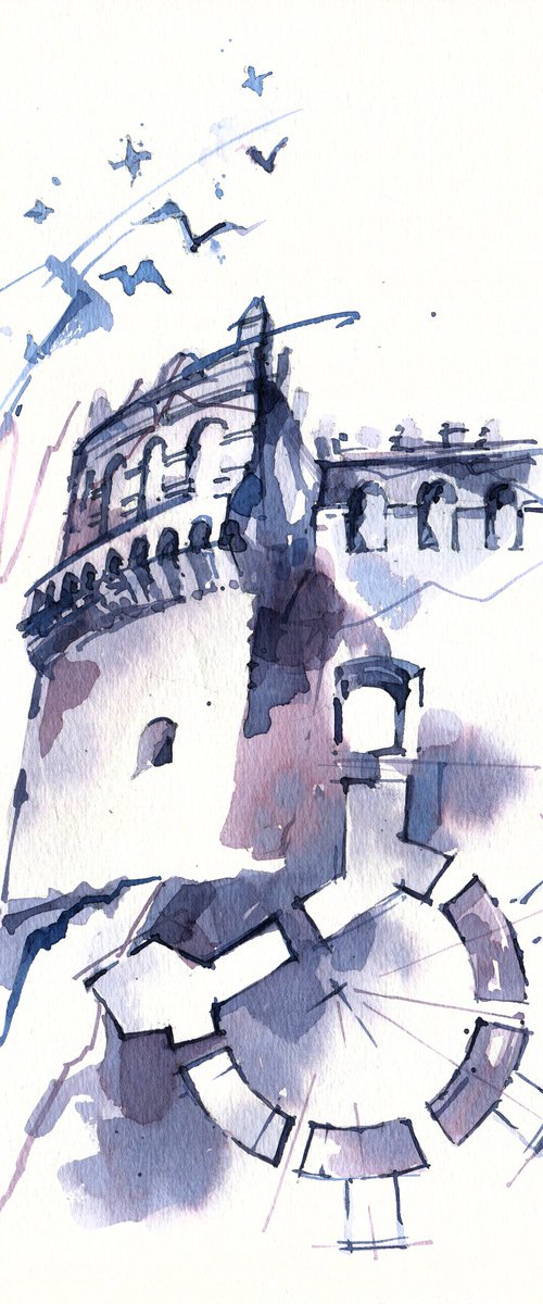 Dramatic architectural sketch "Castle in blue-gray tones" - Original watercolor painting by Ksenia Selianko