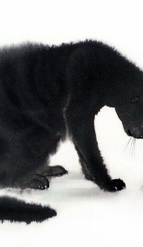 Black Cat Playing with Rhinoce by Olga Beliaeva Watercolour