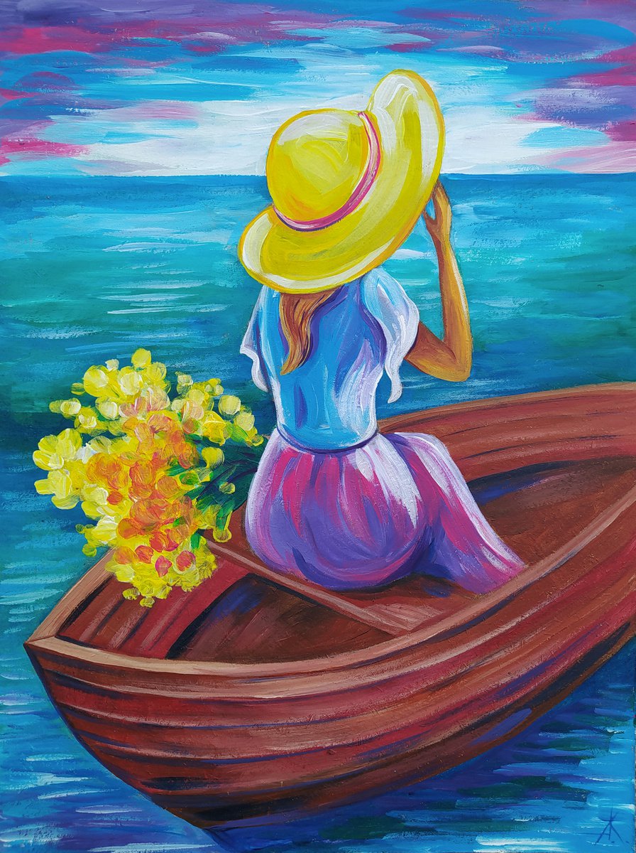 ?alm sea - woman, sea, boat, woman acrylic painting, woman in boat, seascape, water, woman... by Anastasia Kozorez