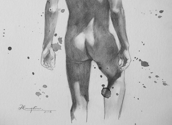 original art drawing pencil boy nude on paper #16-9-10