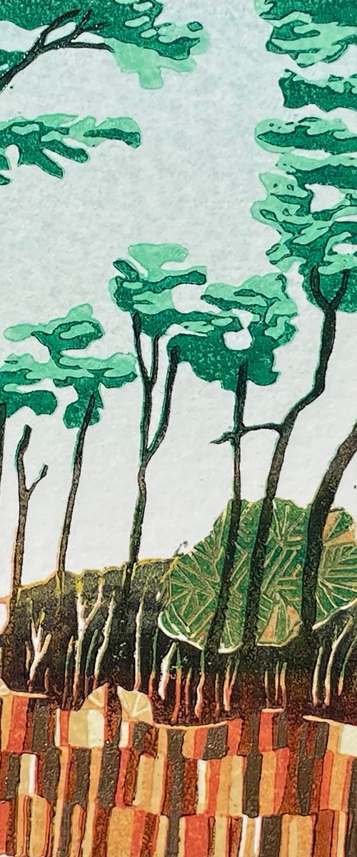 Sutton Hoo, woodland walk  - Tree Line Linocut Print - Mini Print by C Staunton