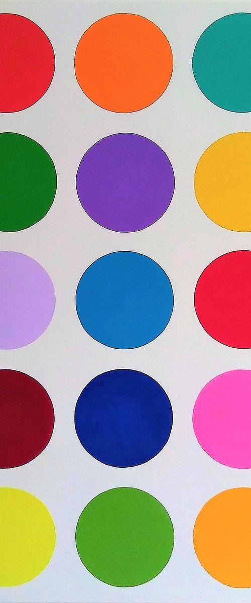 LARGE ABSTRACT COLORFUL RESTAURANT OFFICE INTERIOR DESIGN DECOR RAINBOW POLKADOTS "JUMBO BLUE DOT"  48" X 48" by Carrie White