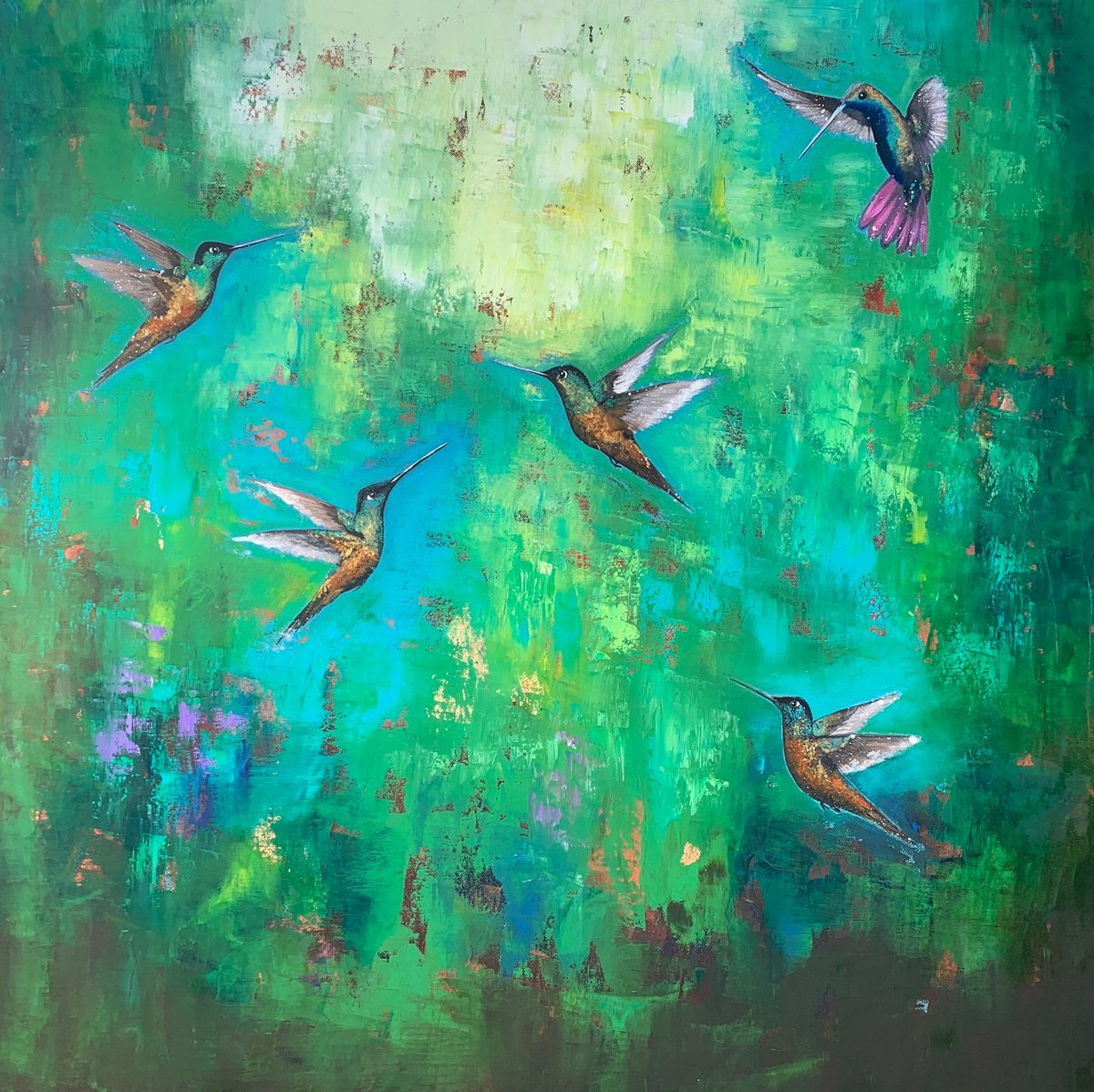 Impressionistic Animal Painting By Laure Bury, 35 X 35", Rise Like An Angel Iii, Original Artwork
