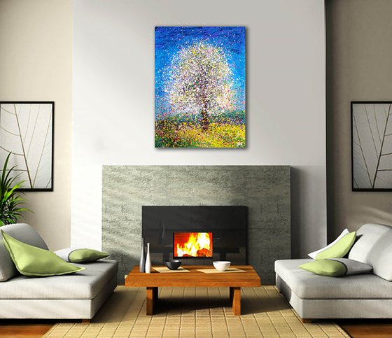 White blooming tree painting Abstract blossom Tree Painting, Spring Breeze