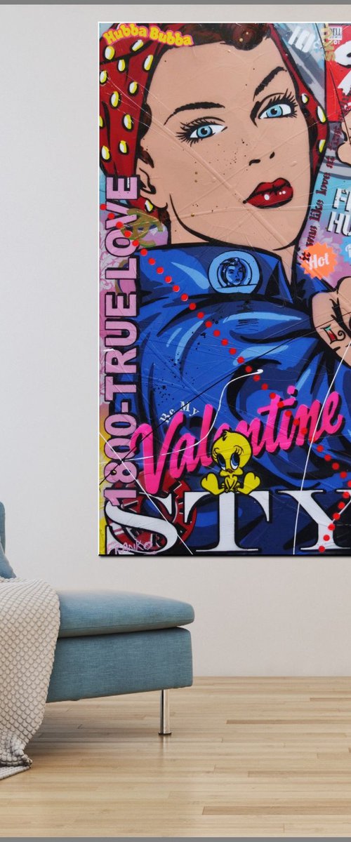 Rosie Valentine 120cm x 100cm Rosie The Riveter Textured Urban Pop Art by Franko