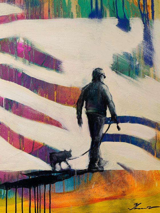 Bright painting - "Summer walk" - Pop Art - Street - City - Dog - Man with dog