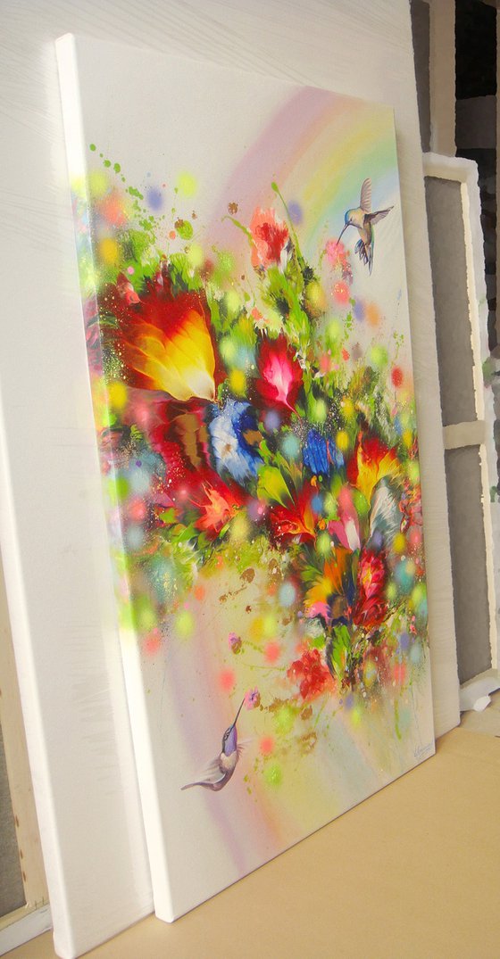 "Hummingbirds and Rainbow" LARGE painting