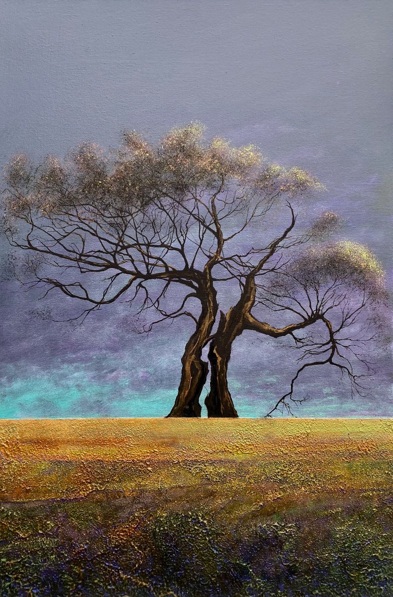 Surrealistic Landscape Oil Painting By Simon Jones, 24 X 36", Lightning Tree Ii, Original Artwork