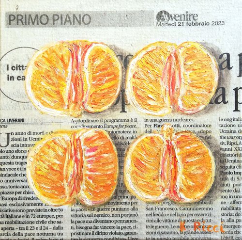 "Mandarine Halves on Newspaper" Original Oil on Canvas Board Painting 6 by 6 inches (15x15 cm) by Katia Ricci