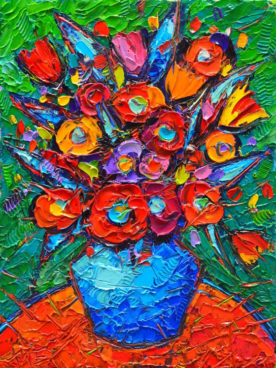 COLOURFUL AUTUMN FLOWERS - abstract modern impressionist floral miniature original palette knife oil painting
