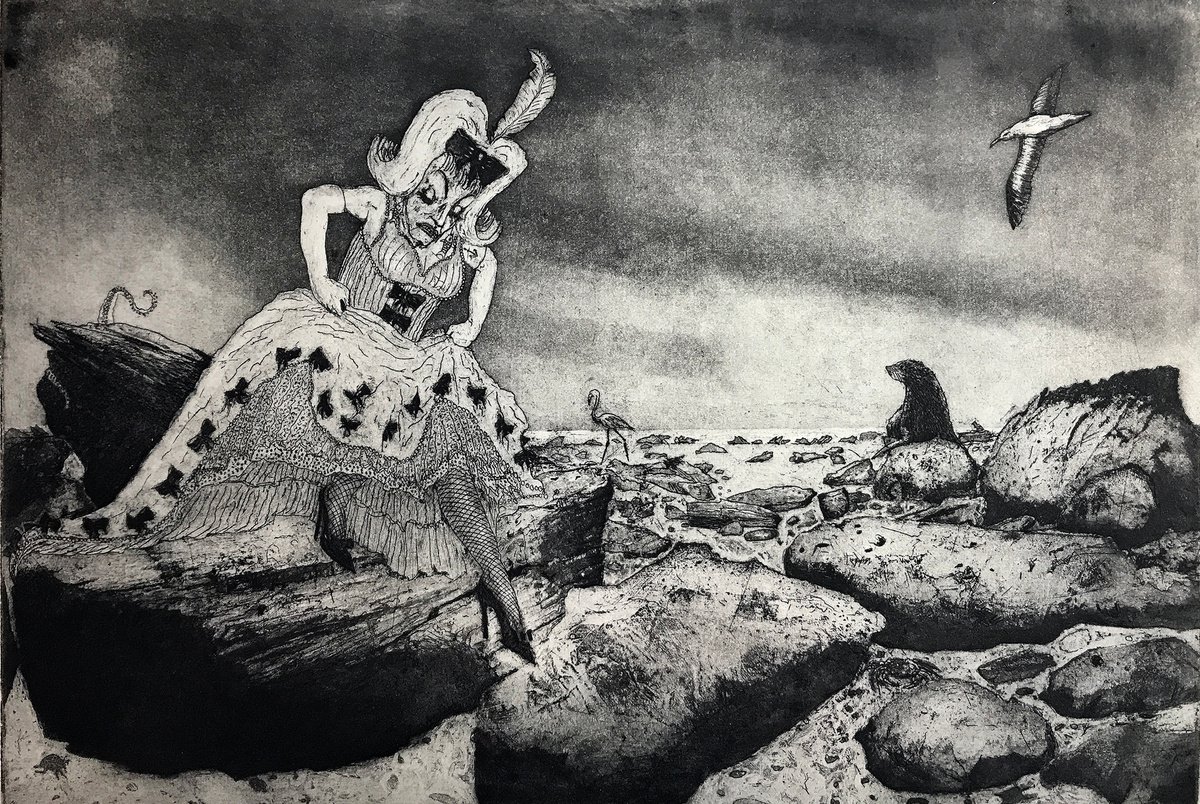 Graphic Portrait Etchings & Engravings By Tim Southall, 17 X 13", Drag Queen On The Rocks, Original Artwork