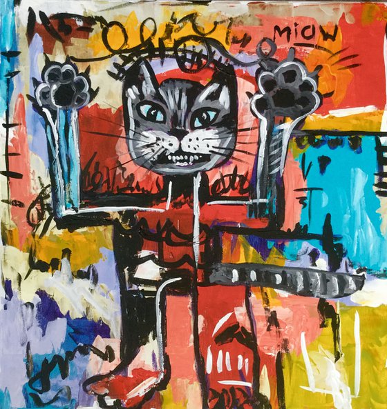 Red and Grey cat without a CROWN version of famous painting by Jean-Michel Basquiat