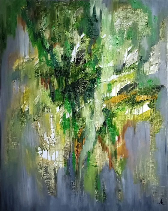 Drowning in greenery - abstraction, oil, original oil painting on canvas, drips painting, green colors, impressionism