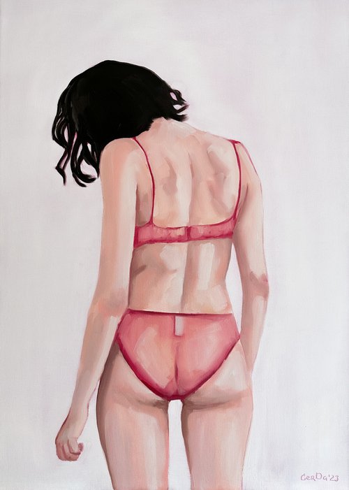 Girl in Pink Lingerie - Nude Erotic Female Figure Painting by Daria Gerasimova