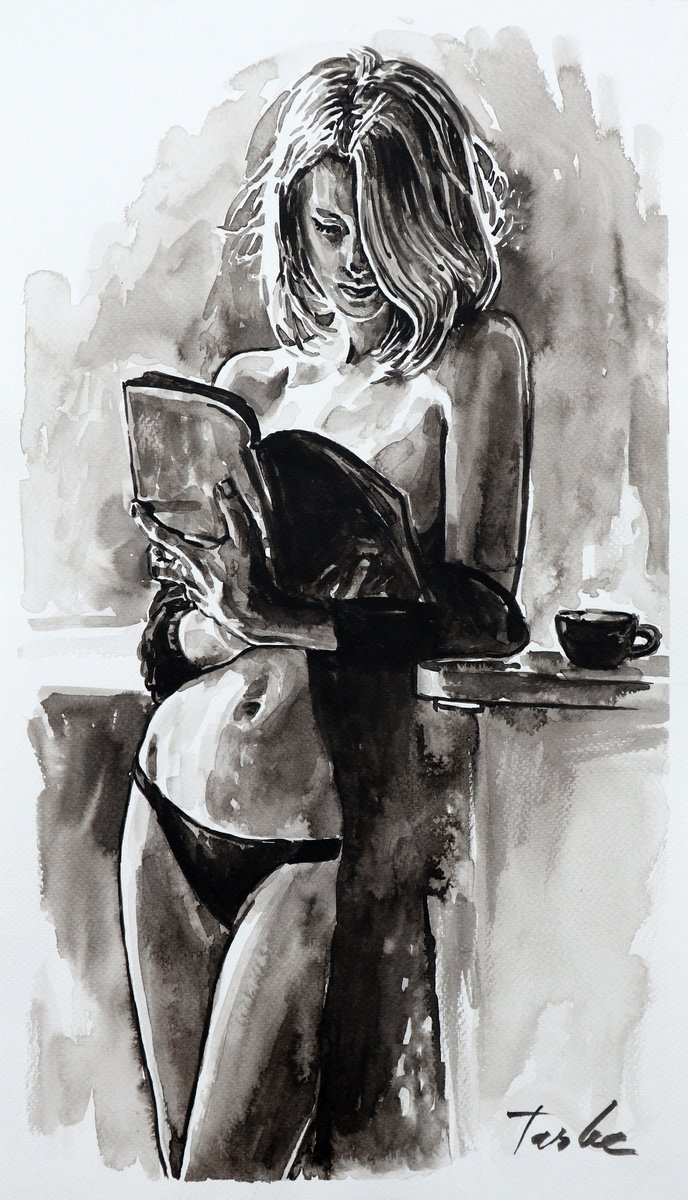 Urban And Pop Portrait Ink Drawing By Tashe, 12 X 21", Romantic Novel, Original Artwork