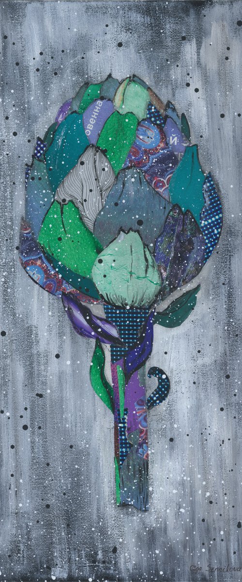 Artichoke - mixed media painting collage acrylic by Olga Sennikova