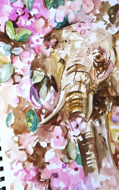 Elephant flowering art. Original watercolor art by Annet Loginova