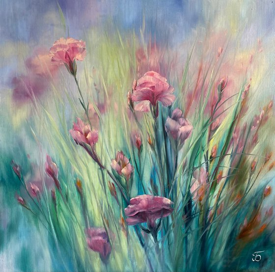 Silk summer. Summer painting with flowers.