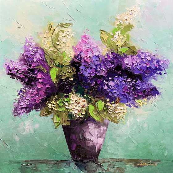 Lilac Purple Flowers, Oil Flower Bouquet ABSTRACT ORIGINAL Painting Contemporary Textured Palette Knife