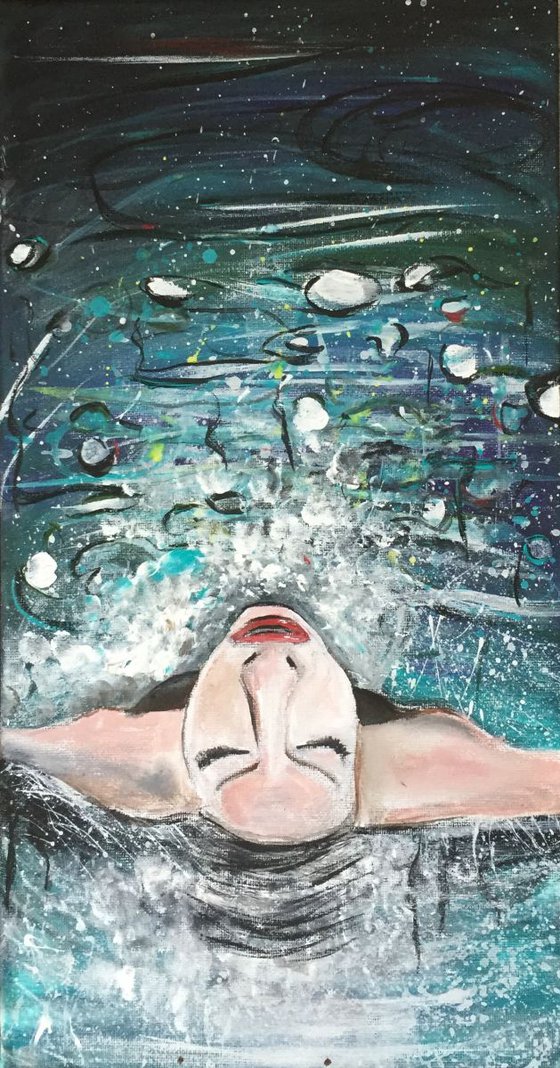 Relax - Original Acrylic Painting on Canvas - Ready to Hang - Swimming - Fine Art - UK Art - Affordable Art - Home Decor - 38x20 cm - 15"x8"