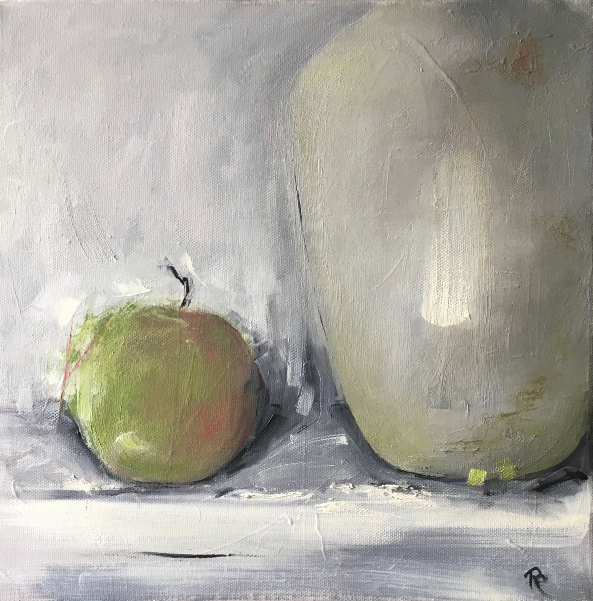 Impressionistic Still Life Oil Painting By Rebecca Pells, 12 X 12", Pot With Apple, Original Artwork