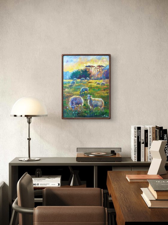 Sunlit Meadow with Sheep