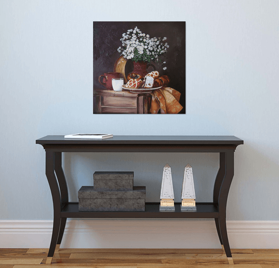 Rural still life, Pastries and White flowers