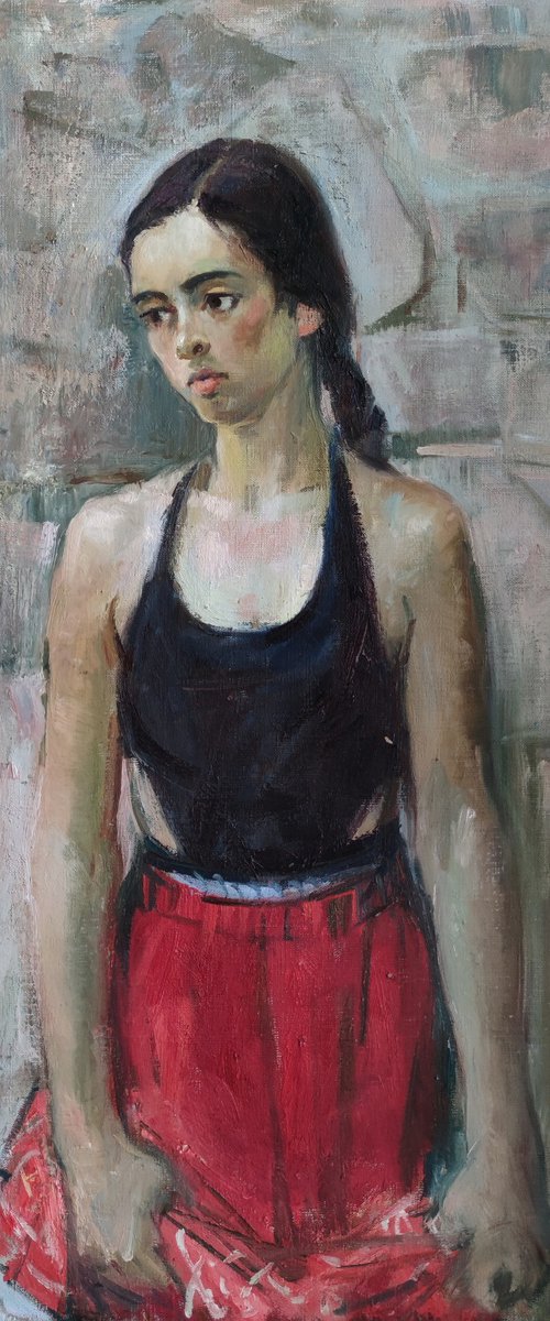 Timid girl in a red skirt by Maria Egorova