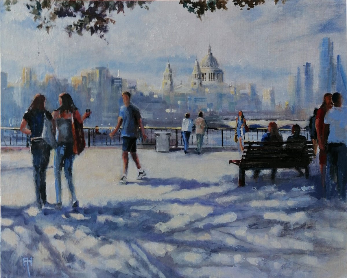 Impressionistic Cityscapes Acrylic Painting By Alan Harris, 20 X 16, Shadows Of London 2, Original Artwork