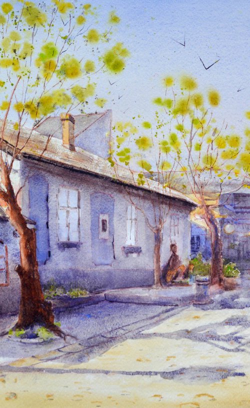 A sunny day at Skadarlijski boem Skadarlija Belgrade 53x36 cm 2024 by Nenad Kojić watercolorist