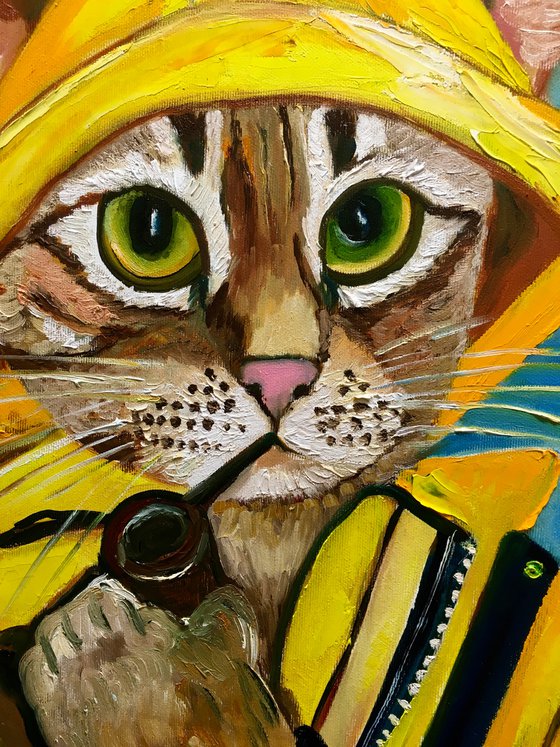 Troy The  Cat, fisherman  oil painting for cat lovers