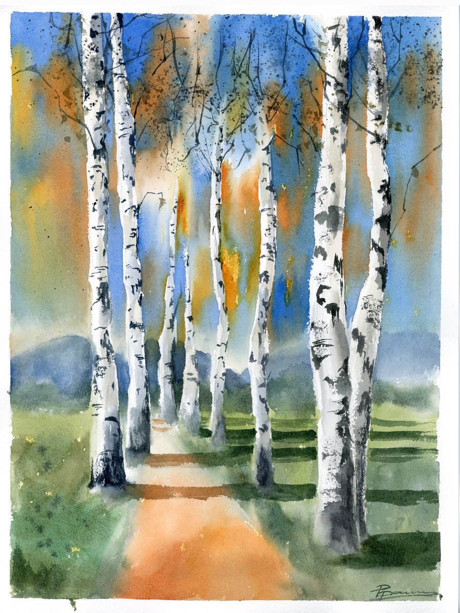 Impressionistic Watercolour , Birch Trees #2 By Olga Tchefranov (Shefranov), 11 X 15, Artwork For Sale On Artfinder