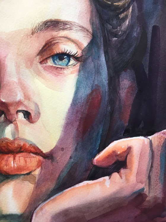 Female portrait. Riddles and shadows. Original watercolor.