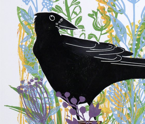 Crow in the Meadow, monoprint