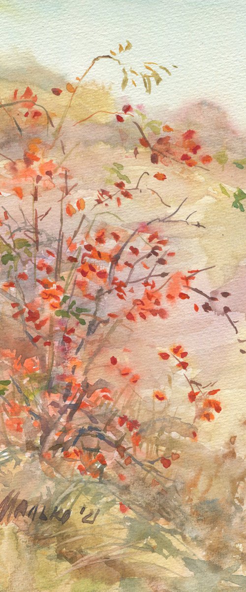 Red flame of a dog-rose / Plein air watercolor Original landscape picture Autumn art work Small size painting by Olha Malko