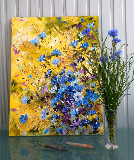 Cornflowers Painting Floral Original Art Meadow Flowers Canvas Artwork Wild Flowers Oil Impasto Pallete Knife Painting Home Wall Art 18 by 24" by Halyna Kirichenko