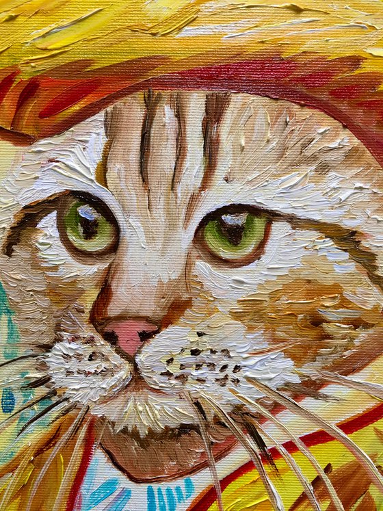 Cat in a straw hat with green eyes La Vincent Van Gogh