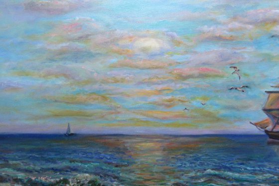 Original Oil Painting Italian Seascape under the Setting Sun Seaside Harbour  with a Wooden Ship Blue Waves Shoreline Fineart