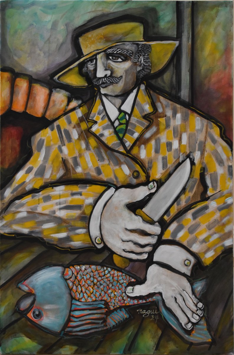 Expressive Portrait Acrylic Painting By Nagui, 24 X 36", Fishmonger, Original Artwork