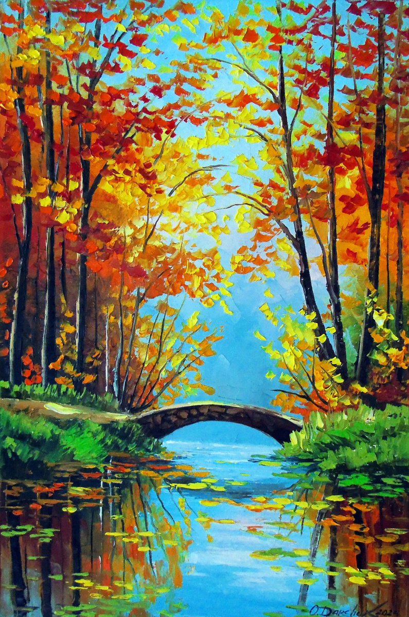 Autumn Pond With Bridge By Olha Darchuk, 16 X 24, Artwork For Sale On Artfinder