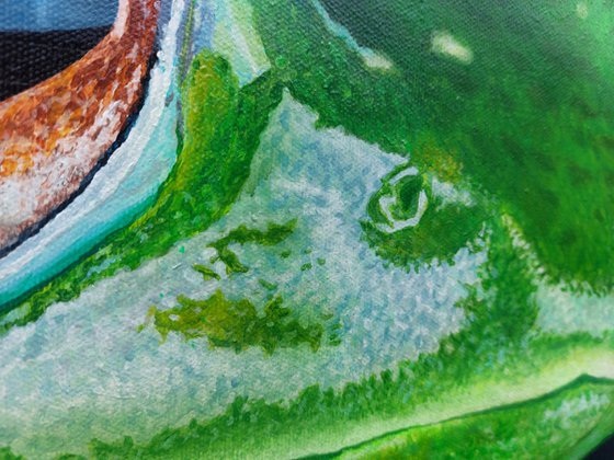 Green frog art, hyperrealism,  hyperrealistic artwork,  realism acrylic painting