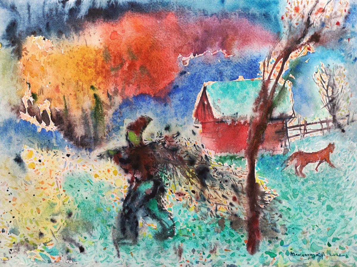 Impressionistic Landscape Watercolour By Pavlo Makedonskyi, 16 X 12", Carries Brushwood, Original Artwork