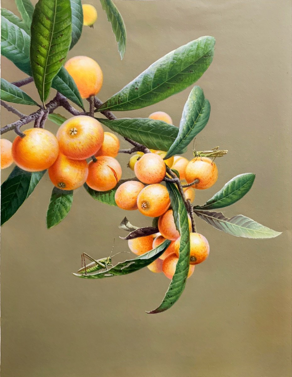 Still life:Loquats and grasshoppers on the branches by Kunlong Wang