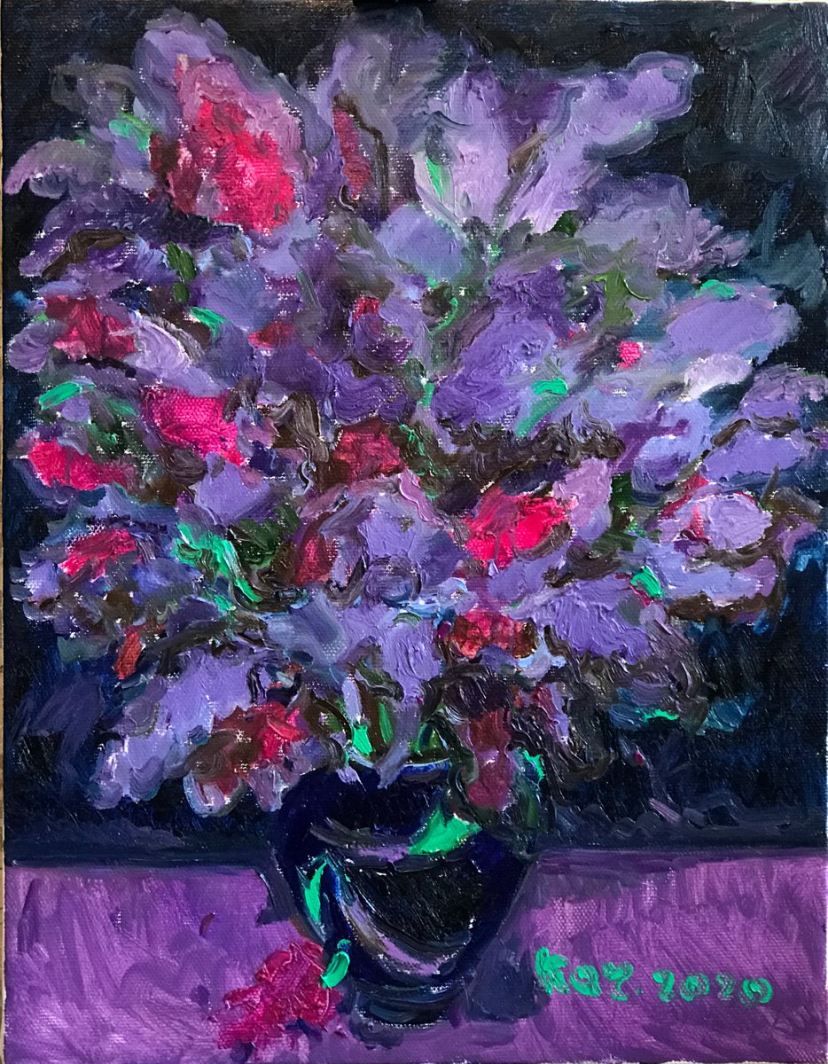 LILAC BLOOMING - Still-life with lilac, original oil painting, bouquet of lilacs 90x70 by Karakhan
