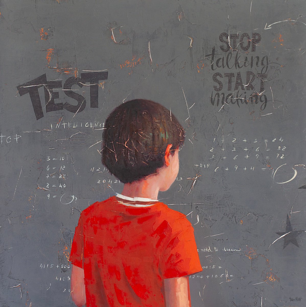 Expressive Portrait Oil Painting By Tomasa Martin, 28 X 28", Intelligence Test -Red, Original Artwork