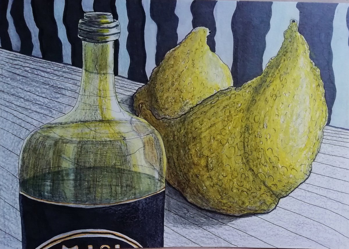 A bottle of wine and two lemons. by Anna Reshetnikova