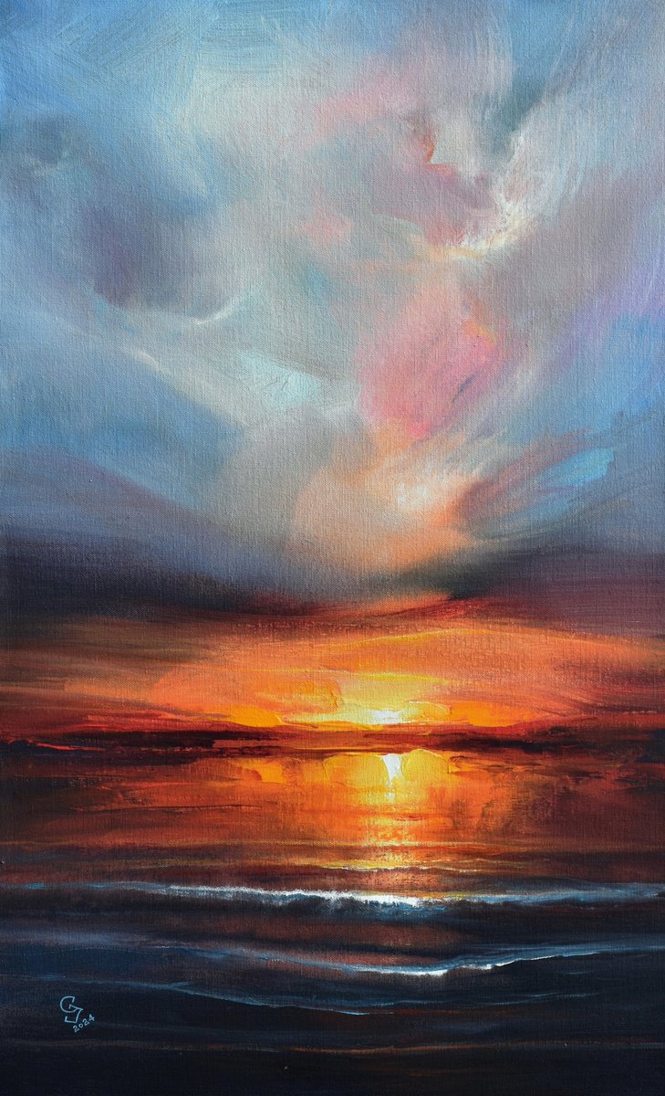 Abstract Landscape Oil Painting By Ivan Grozdanovski, 20 X 32, Impressions Of The Sunset 4, Original Artwork