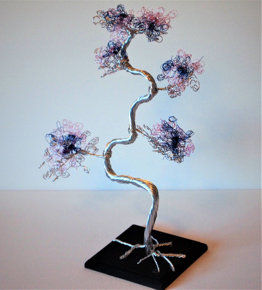 Silver, Blue & Pink Wire, Bonsai Tree Sculpture by Steph Morgan